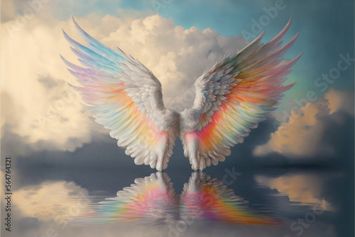 angel wings with rainbow in the sky. Generative AI