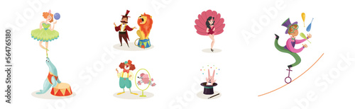 Circus Artists with Clown, Acrobat, Tamer and Animals Vector Set