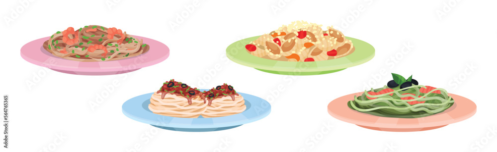 Different Pasta Served on Plate with Garnish Vector Set Different Pasta Served on Plate with Garnish Vector Set