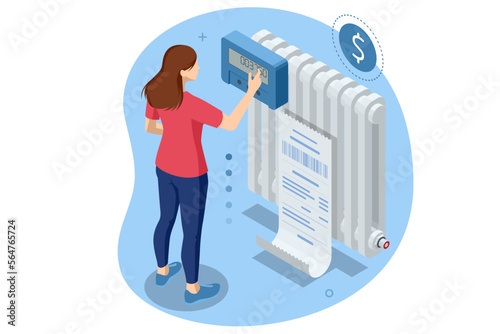 Isometric invoice, payment for heat energy. Utility bills and saving resources concept. Utility bills payment. Heat energy consumption expenses. Household utilities