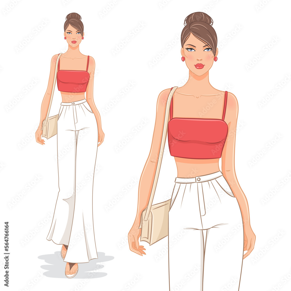 Vector fashion illustration of a beautiful young woman in a summer outfit. Fashion model walking, isolated on white background. Vector fashion illustration of a beautiful young woman in a summer outfit. Fashion model walking, isolated on white background.