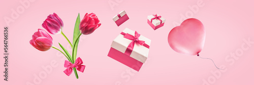 Valentine's day pink or red holiday background with balloon. gift box and flowers