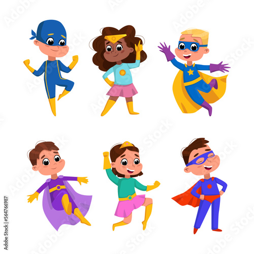 Happy Smiling Kids Wearing Colorful Superhero Costumes Vector Set