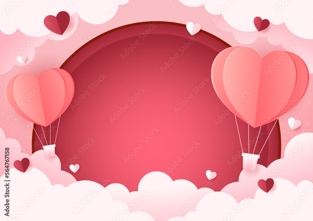 Valentine's Day Banner. Happy Valentine's Day greeting card design. Holiday banner with hot air heart balloon. Paper art and digital craft style illustration.