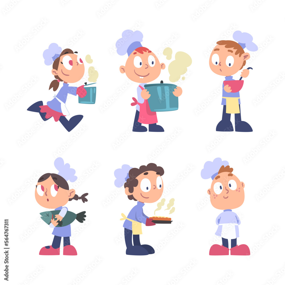 Little Boy and Girl Chef Character in Toque Cooking Food Vector Set Little Boy and Girl Chef Character in Toque Cooking Food Vector Set