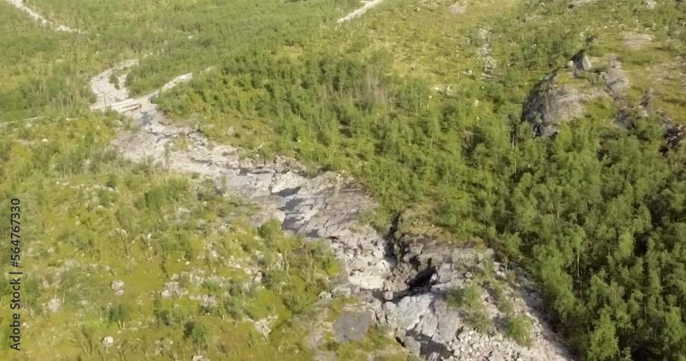 Aerial view of Galggojohka river on the E8 Nordlysveien road in summer when it´s dried up, Storfjord, Troms og Finnmark, Norway. Aerial view of Galggojohka river on the E8 Nordlysveien road in summer when it´s dried up, Storfjord, Troms og Finnmark, Norway.