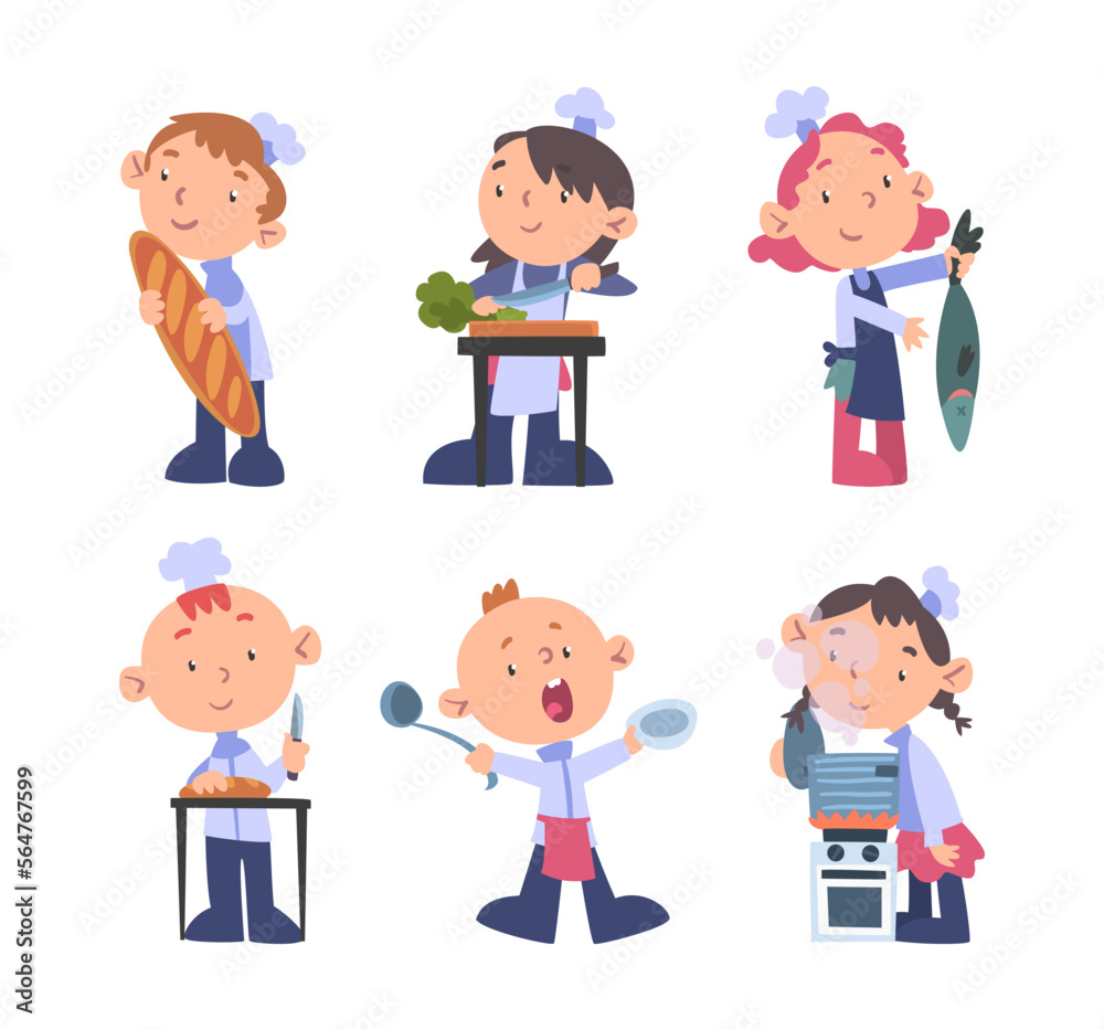 Little Boy and Girl Chef Character in Toque Cooking Food Vector Set Little Boy and Girl Chef Character in Toque Cooking Food Vector Set