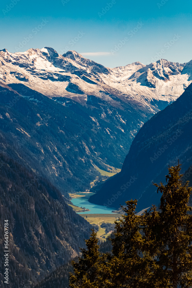 Beautiful summer far view at of the Stillup lake seen from the famous Penken summit, Mayrhofen, Tyrol, Austria