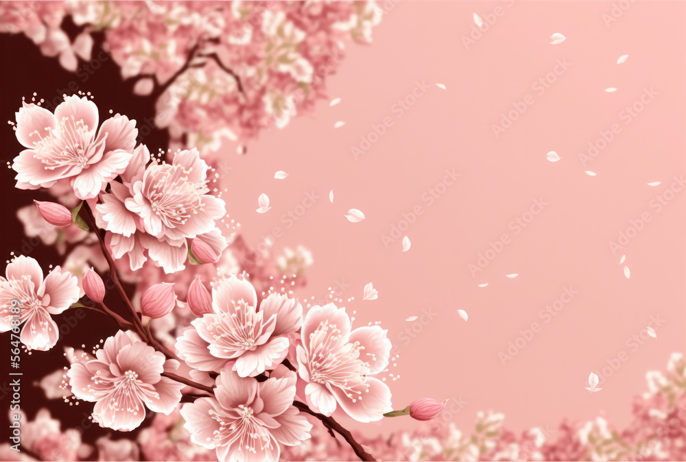 Cherry blossoms floral background in full bloom with copy space, generative ai