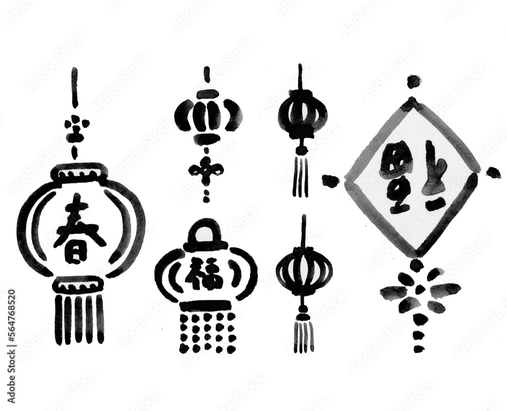 Naklejka premium ChineseNewYearIllustration春節飾りランタン モノクロ手描きイラストセット 旧正月デザイン