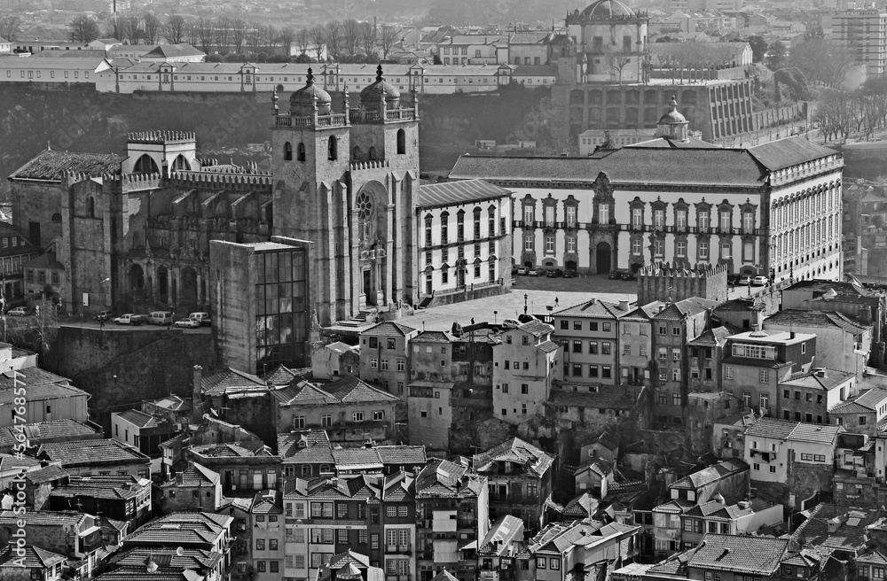 Portugal. Porto. Aerial view over the city. In black and white