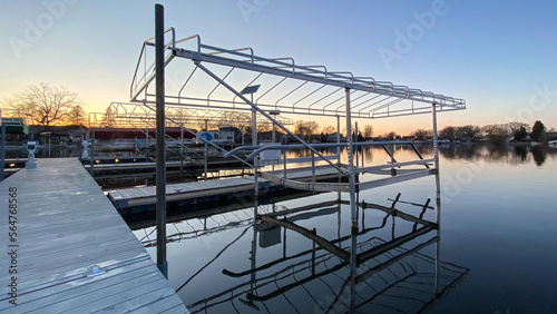 Spring sunset over the river harbor