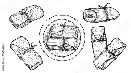 Hand drawn sketch style tamales set. Single and group. Traditional mexican food. Vector food collection. Isolated on white background.