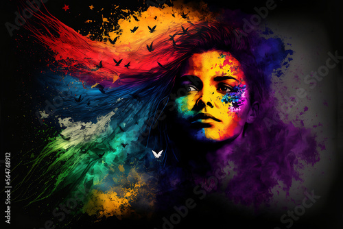 Abstract portrait of beautiful woman with colourful rainbow colours. Generative AI  this image is not based on any original image  character or person.