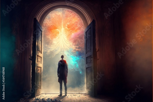Person standing in front of large curved doorway with ethereal energy beyond.  Generative AI, this image is not based on any original image, character or person © cfhdesign