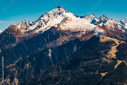 Beautiful alpine summer view with the famous Ahorn summit in the background seen from the Penken summit, Mayrhofen, Tyrol, Austria