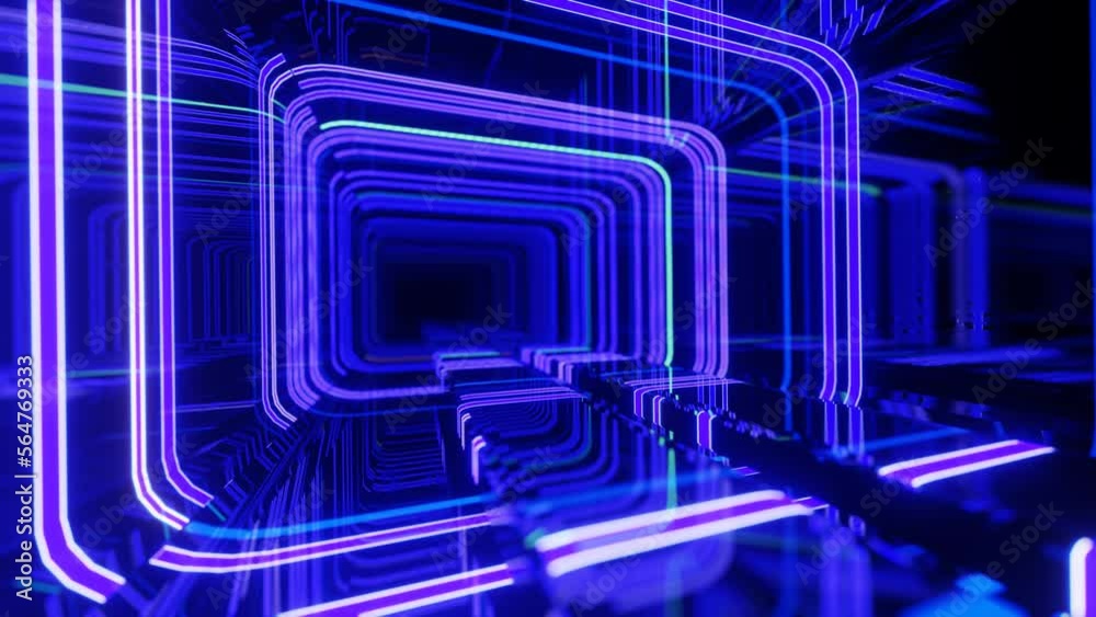 4k seamless looped animation. Fly through mirror tunnel with neon pattern, glow lines form sci fi pattern. Bright reflection neon light. Simple bright background, sci fi structure