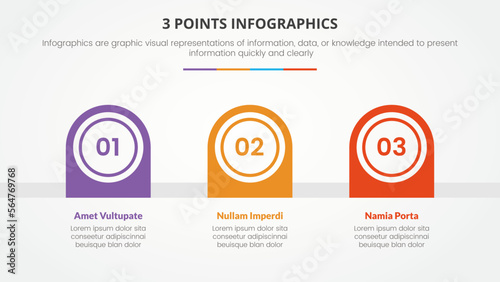 3 points or stages infographic concept with right direction half circle shape timeline for slide presentation