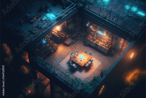 An aerial view of a dark and cosy cyberpunk shelter.