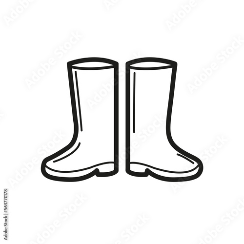 Black and white rain boots flat cartoon vector illustration isolated on white background. Shoes icon, coloring page for kids.