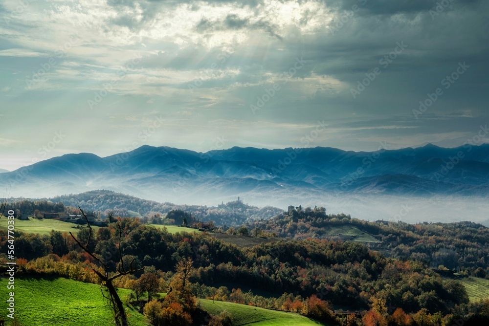 autumn landscapes of the Piedmontese Langhe with its colors and hills near Alba, in the province of Cuneo