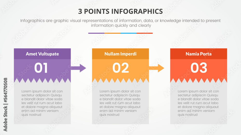 3 points or stages infographic concept with right direction and boxed information arrow for slide presentation