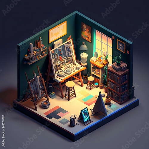 32-bit Isometric Art Studio, with an easel, paints, brushes, a palette, and a canvas, AI generated photo