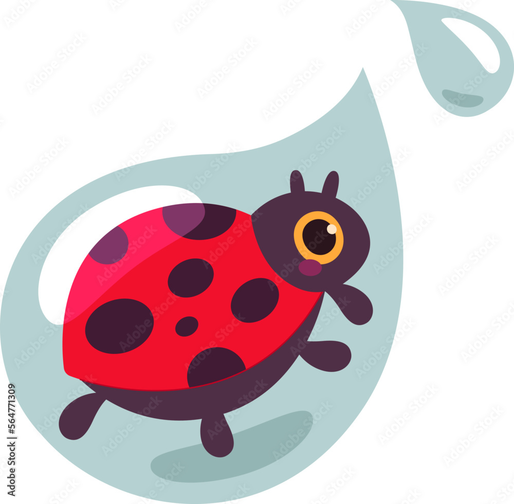 Obraz premium Cute cartoon ladybug beetle on water drop flat icon