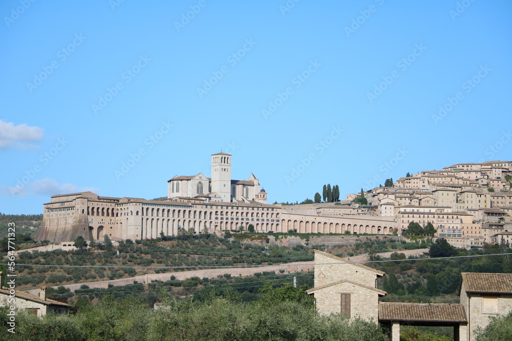 View to Assisi and Basilica di San Francesco d'Assisi, Umbria Italy