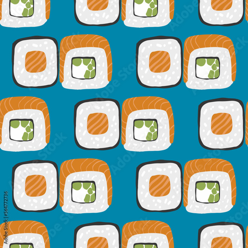 Seamless pattern with Sushi roll illustration on blue background
