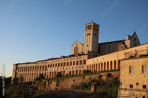 Basilica San Francesco in Assisi at sunset, Umbria Italy