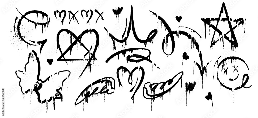 Fototapeta premium Black devil set, graffiti spray graphic. Dark collection of teen love symbols: heart, crown, arrow, splatter, stain, cool glam street art, spray texture. Grunge drip Isolated on white elements.
