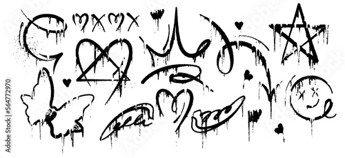 Black devil set, graffiti spray graphic. Dark collection of teen love symbols: heart, crown, arrow, splatter, stain, cool glam street art, spray texture. Grunge drip Isolated on white elements.