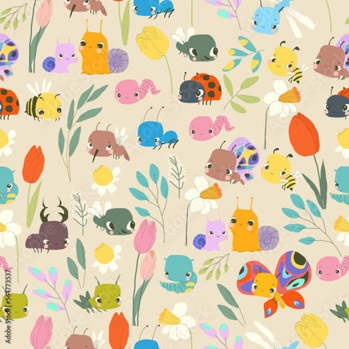 Seamless Pattern with Cute Baby Insects, Flowers and Plants