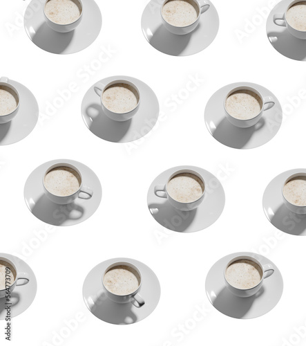 Pattern of coffee cups in isolated background, 3d rendering. Coffee culture cappuccino drinks, daily caffeine consumption
