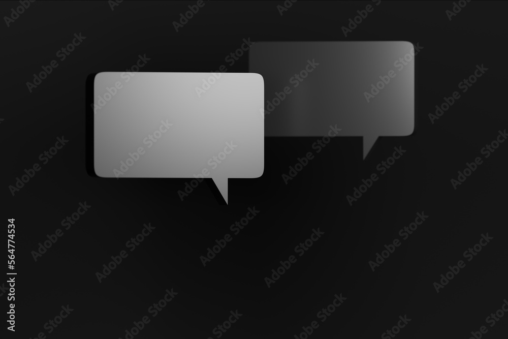 Two rectangular speech bubbles in monochrome color scheme, 3d rendering. Digital illustration of messaging, communicating, texting and dialogue Two rectangular speech bubbles in monochrome color scheme, 3d rendering. Digital illustration of messaging, communicating, texting and dialogue
