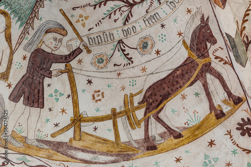 Принти на полотні plowing with two horses, a medieval fresco in Elmelunde church, Denmark,
