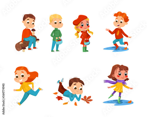 Kids with Autumn Leaf Walking Outdoor in Warm Clothes Vector Set