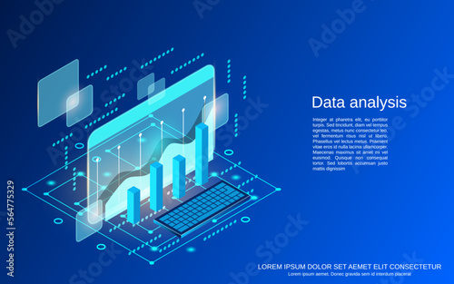 Business data analysis, information processing flat 3d isometric vector concept illustration