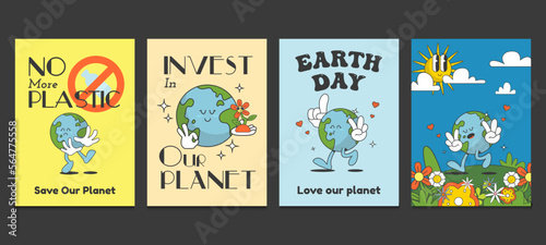 earth day posters in trendy retro cartoon style, groovy 70s posters. Vector illustration