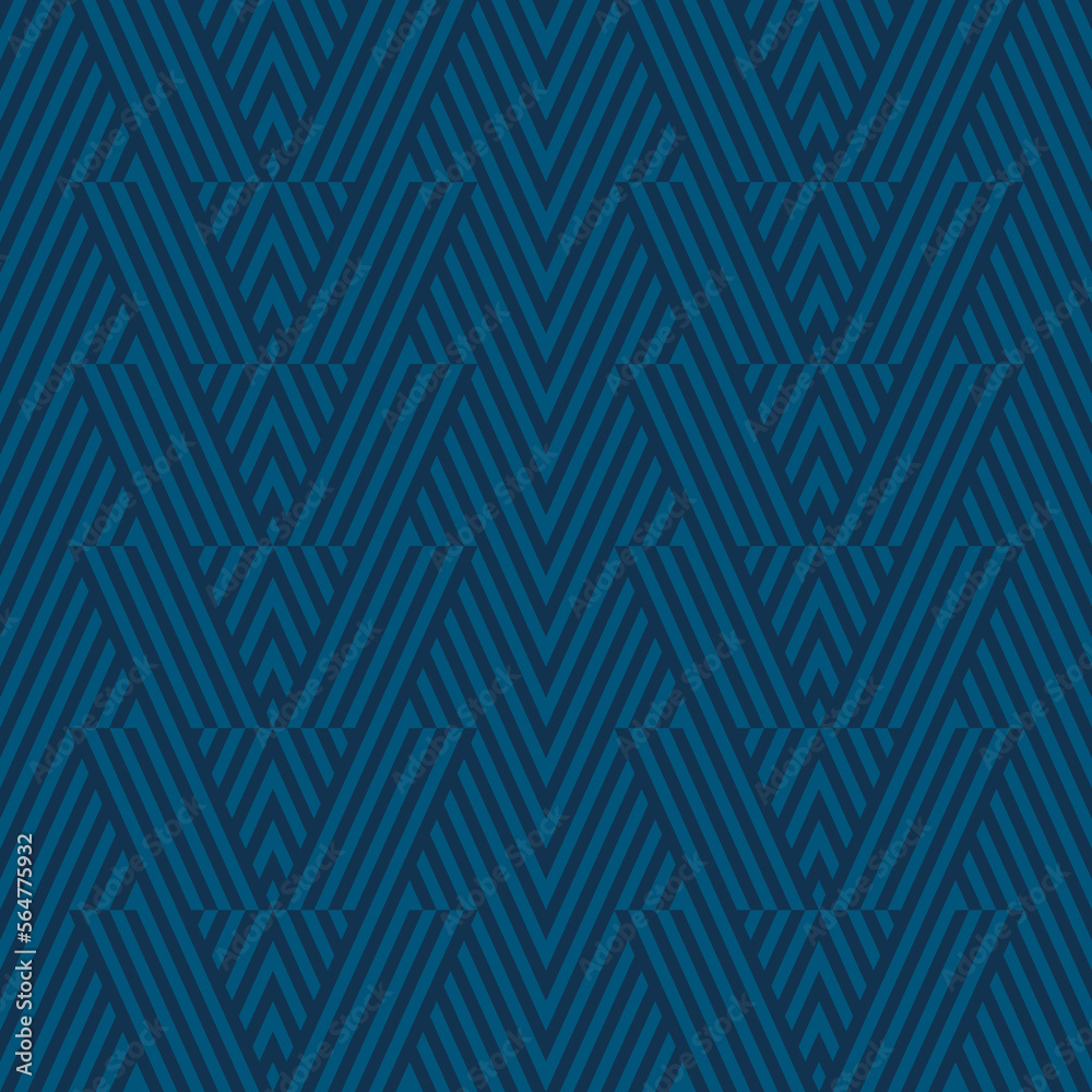 Vector geometric lines pattern. Modern seamless texture with stripes, diagonal lines, chevron. Stylish dark blue ornament. Abstract geometry graphics background. Trendy design for decor, print, fabric