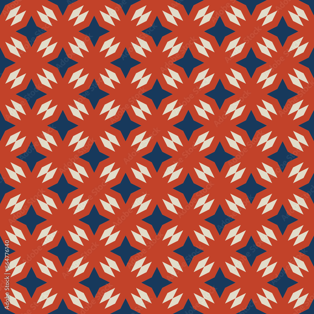 Simple vector abstract seamless pattern. Elegant geometric ornament with diamonds, small floral shapes, stars, grid. Retro vintage style background. Graphic texture in red, blue and beige color Simple vector abstract seamless pattern. Elegant geometric ornament with diamonds, small floral shapes, stars, grid. Retro vintage style background. Graphic texture in red, blue and beige color
