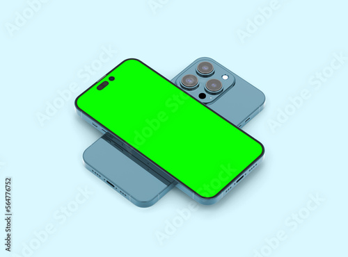 Smartphone 14 pro max mockup for App and Website UI branding. 2 Phones in front and back side. 3D render