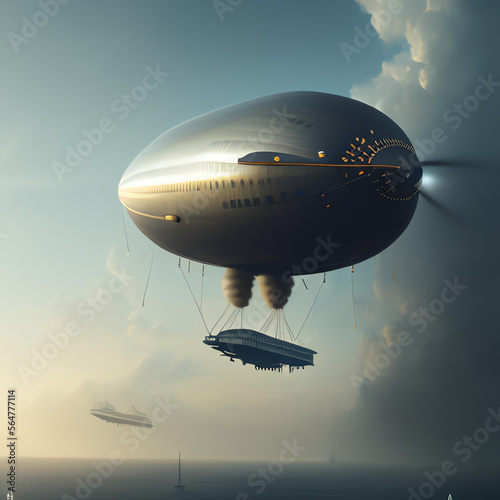 A.I Generative airship in the cloud filled sky carrying an object 