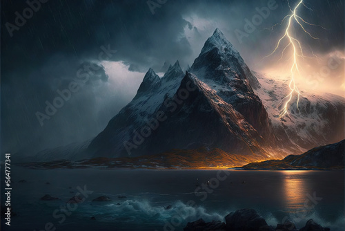 Magical mountain landscape with lightning AI