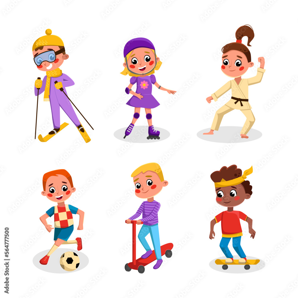 Happy Children Playing Sport and Doing Physical Activity Vector Set Happy Children Playing Sport and Doing Physical Activity Vector Set