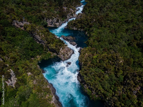 Aerial panorama of water flooded canyon Waikato river rapids at Aratiatia Dam near Lake Taupo North Island New Zealand © Marc