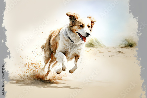 a dog running on the beach in aquarelle style, ai generated