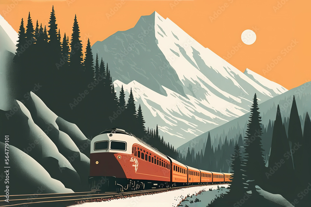 a train on a train track in the mountains, winter, snow, road, art illustration
