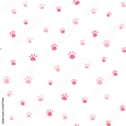 Cat paw print vector illustration. Dog, different black animal footprints on a white background. Seamless pattern of animal paws. Gently single color and tints
